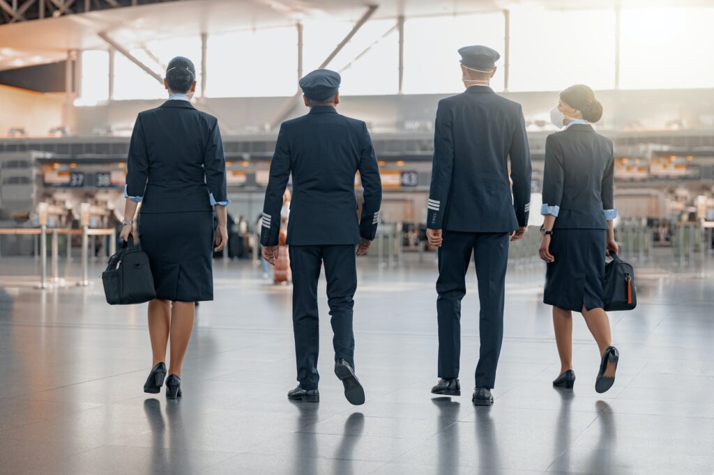 Stewardesses and pilots with bags at airport